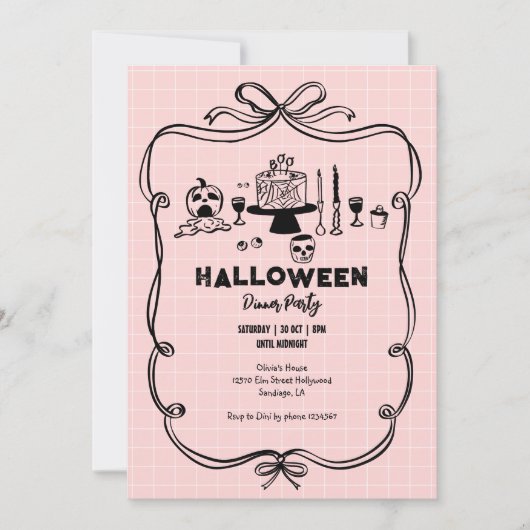 Handgetekende Halloween Dinner Party Kaart (Voorkant)