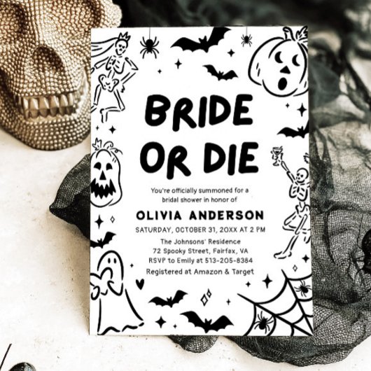 Handgetekende Halloween Skeleton Ghost Vrijgezelle Kaart