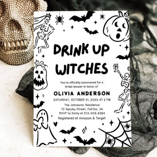 Handgetekende Halloween Skeleton Ghost Vrijgezelle Kaart