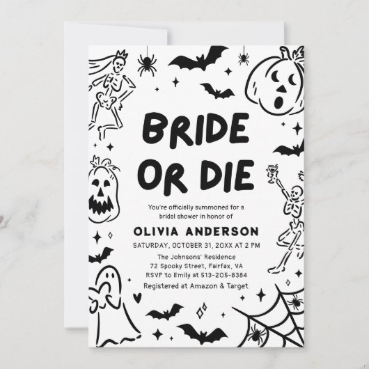 Handgetekende Halloween Skeleton Ghost Vrijgezelle Kaart (Voorkant)