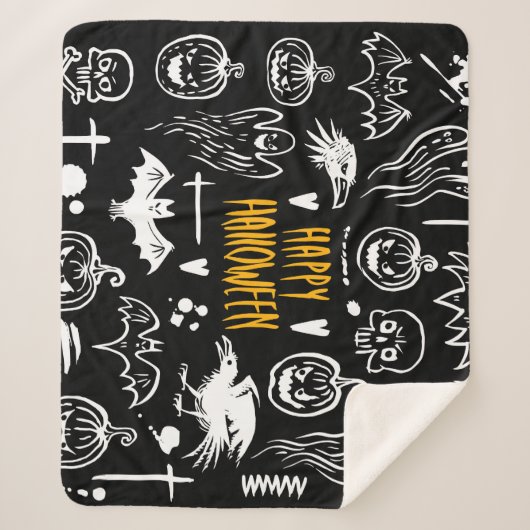 Handgetekende Halloweensymbolen,  collectie. Sherpa Deken (Voorkant)