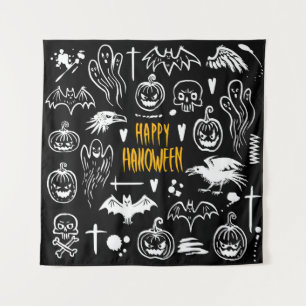 Handgetekende Halloweensymbolen, collectie. Wandkleed