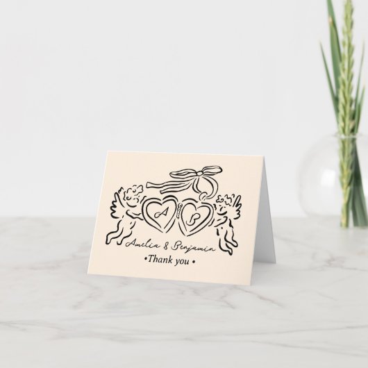 handgetekende hart paar whimsical bruiloft bedankkaart (Voorkant)