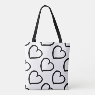 Handgetekende harten patroon zwart op wit tote bag