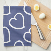 handgetekende harten, wit op donkerblauw theedoek (Quarter Fold)