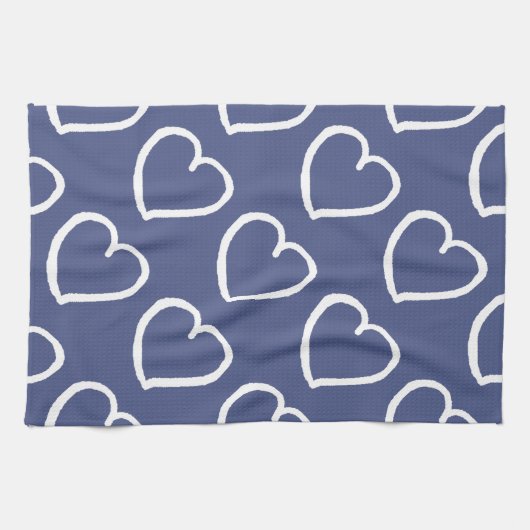 handgetekende harten, wit op donkerblauw theedoek (Horizontaal)