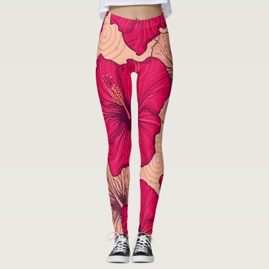 Handgetekende Hibiscusbloemen Leggings (Voorkant)