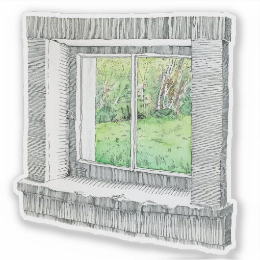 Handgetekende Inkt en Waterverf Venster Natuur Sce Sticker (Voorkant)