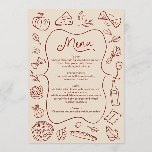 Handgetekende Italiaans Stijl Menu Rustiek Rood &  (Voorkant)