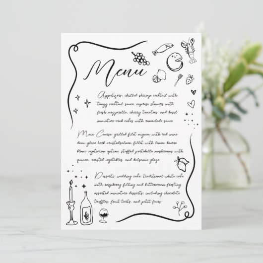 Handgetekende Italiaanse Doodle Zwart-wit bruiloft Menu (Staand voorkant)
