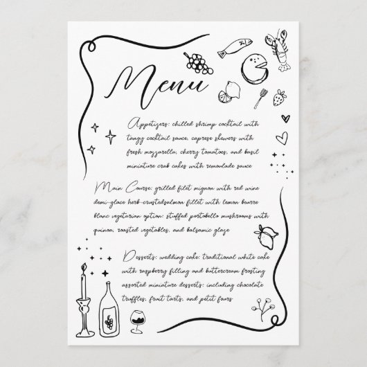 Handgetekende Italiaanse Doodle Zwart-wit bruiloft Menu (Voorkant)