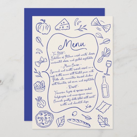 Handgetekende Italiaanse Menu Blauw en Crème (Voorkant / Achterkant)