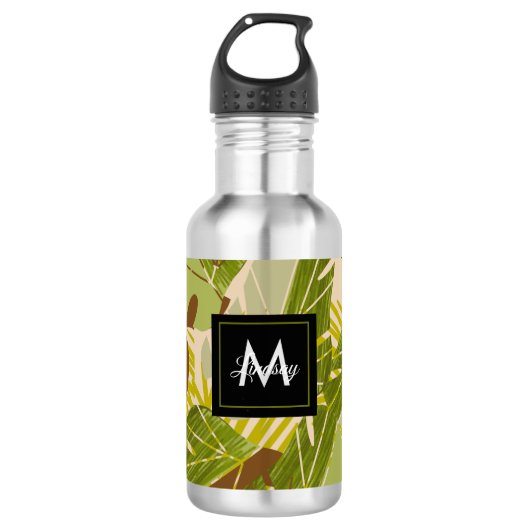 Handgetekende Jungle Groene Bruine Blad  Waterfles (Voorkant)