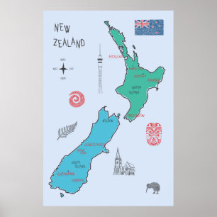 Handgetekende kaart van Nieuw-Zeeland Poster