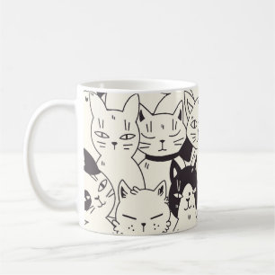 Handgetekende katten doodle naadloos patroon. koffiemok