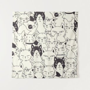 Handgetekende katten doodle naadloos patroon. wandkleed