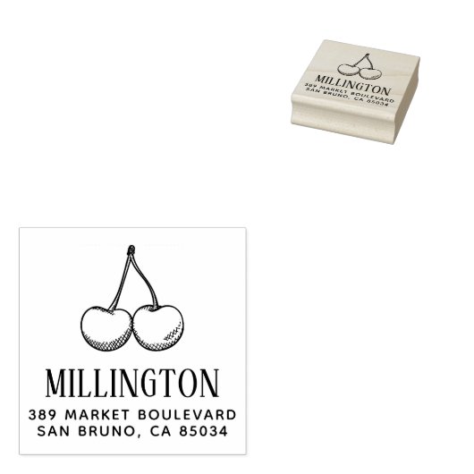 Handgetekende Kersen Familienaam & Retouradres Rubberstempel (Gestempeld)