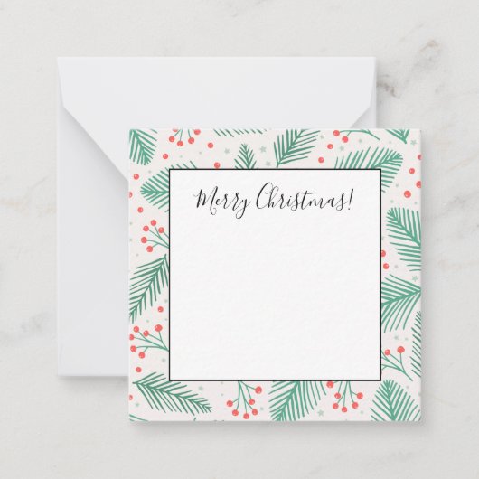 Handgetekende Kerst Dennentakken Groen Rood Wit Notitiekaartje (Voorkant)