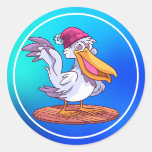 Handgetekende Kerst Pelikaan Cartoon Ronde Sticker