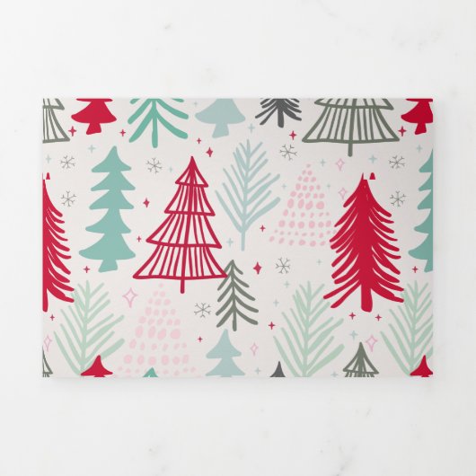 Handgetekende kerstbomen Evergreen Pine Red Green Drieluik Wenskaart (Cover)