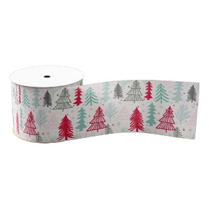 Handgetekende kerstbomen Evergreen Pine Red Green Grosgrain Lint