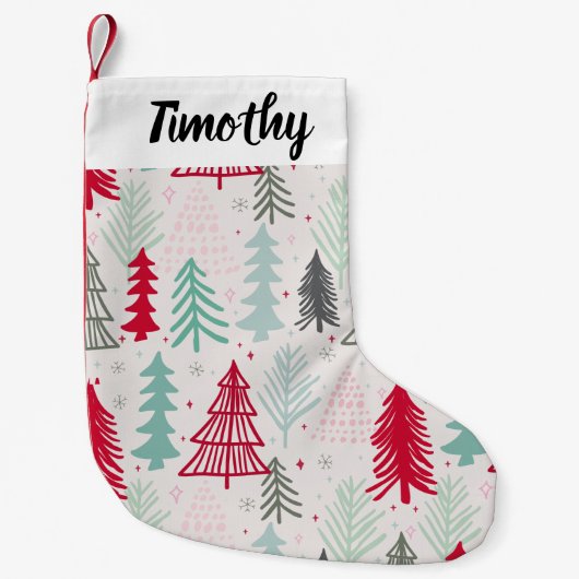 Handgetekende kerstbomen Evergreen Pine Red Green Kleine Kerstsok (Voorkant)