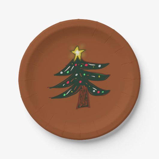 Handgetekende Kerstboom Bruin Papieren Bordje (Voorkant)