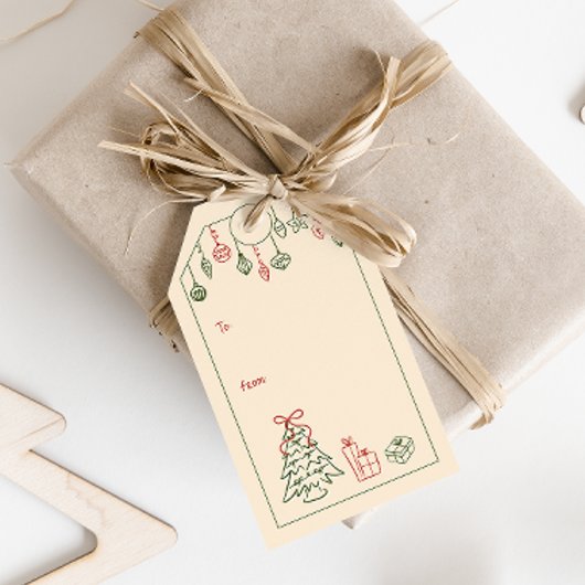 Handgetekende kerstkaarten met vintage-uitstraling cadeaulabel
