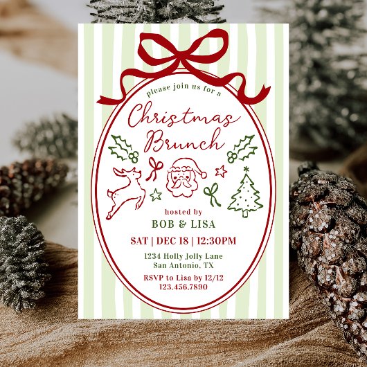 Handgetekende Kerstman Coquette Strik Kerstbrunch Kaart