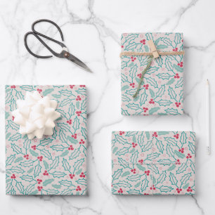 Handgetekende Kerstmis Holly Berries Red Green Whi Inpakpapier Vel