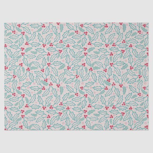 Handgetekende Kerstmis Holly Berries Red Green Whi Tissuepapier (Voorkant)