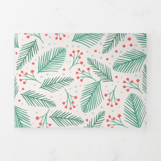Handgetekende kerstpine Branches Green Red White Drieluik Wenskaart (Cover)