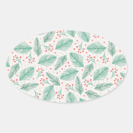 Handgetekende kerstpine Branches Green Red White Ovale Sticker
