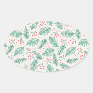 Handgetekende kerstpine Branches Green Red White Ovale Sticker
