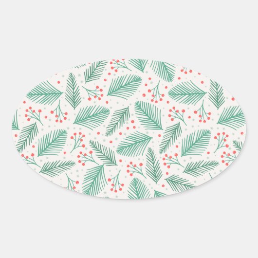 Handgetekende kerstpine Branches Green Red White Ovale Sticker (Voorkant)