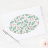Handgetekende kerstpine Branches Green Red White Ovale Sticker (Envelop)