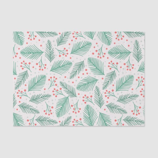 Handgetekende kerstpine Branches Green Red White Tissuepapier (Voorkant)