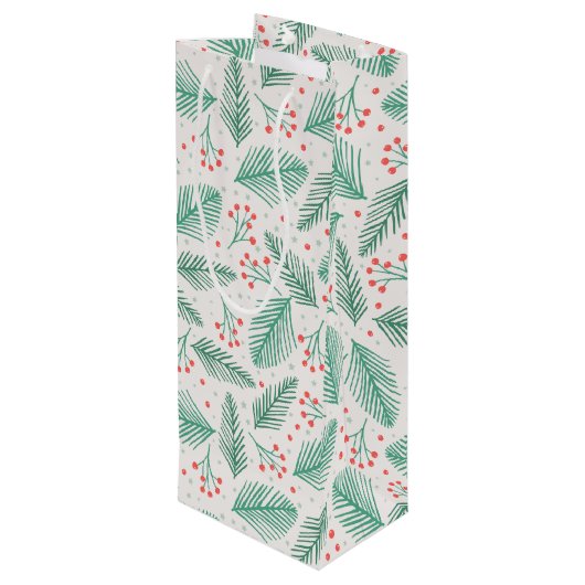 Handgetekende kerstpine Branches Green Red White Wijn Cadeautas (Achterkant Gekanteld)