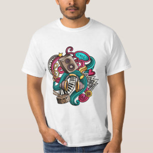 Handgetekende kleurrijke Doodle Music Illustration T-shirt