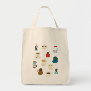 Handgetekende kopjes koffie, bonen en grinders tote bag
