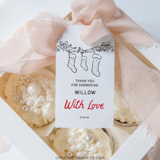 Handgetekende kousen Merry Little Baby shower Cadeaulabel