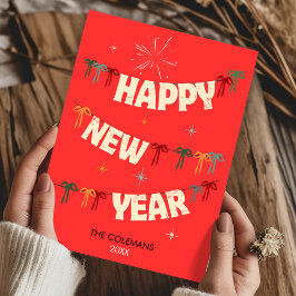 Handgetekende krabbel gelukkig nieuwjaar rode groe feestdagenkaart