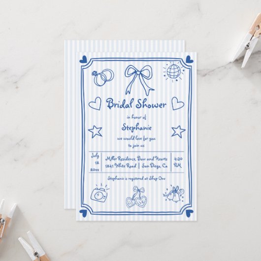 Handgetekende krabbelblauwe strepen vrijgezellenfe kaart (Voorkant / Achterkant in situ)