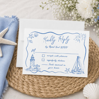 Handgetekende krabbeldoodles strand kust bruiloft RSVP kaartje