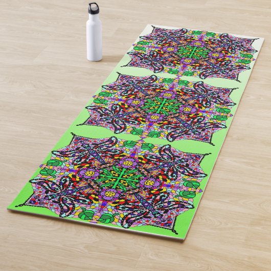 Handgetekende Kunst Dragonfly Mandala Paars Lime G Yogamat (In situ)