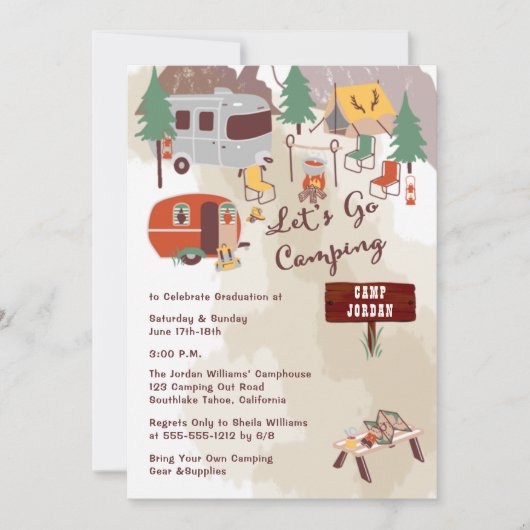 Handgetekende Lets Go Camping Graduparty Kaart (Voorkant)