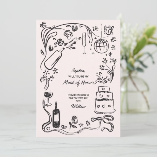 Handgetekende Maid of Honor Proposal Kaart (Staand voorkant)