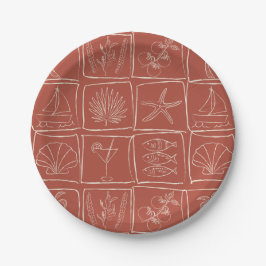 Handgetekende mediterraanse kusttegel terracotta papieren bordje