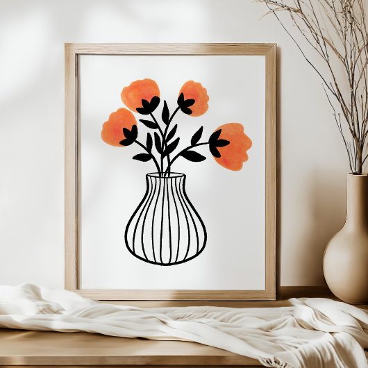 Handgetekende Mixed Media Vaas en Oranje Bloemen Poster
