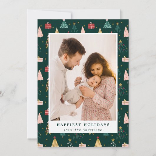 Handgetekende moderne kerstbomen Foto Feestdagenkaart (Voorkant)